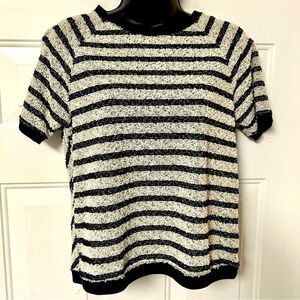 Billy Reid Boxy Stripe Navy Blue Cotton Terry Chevron Short Sleeve Sweater XS